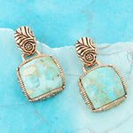 Carved Blue Turquoise Golden Earrings - Barse Jewelry