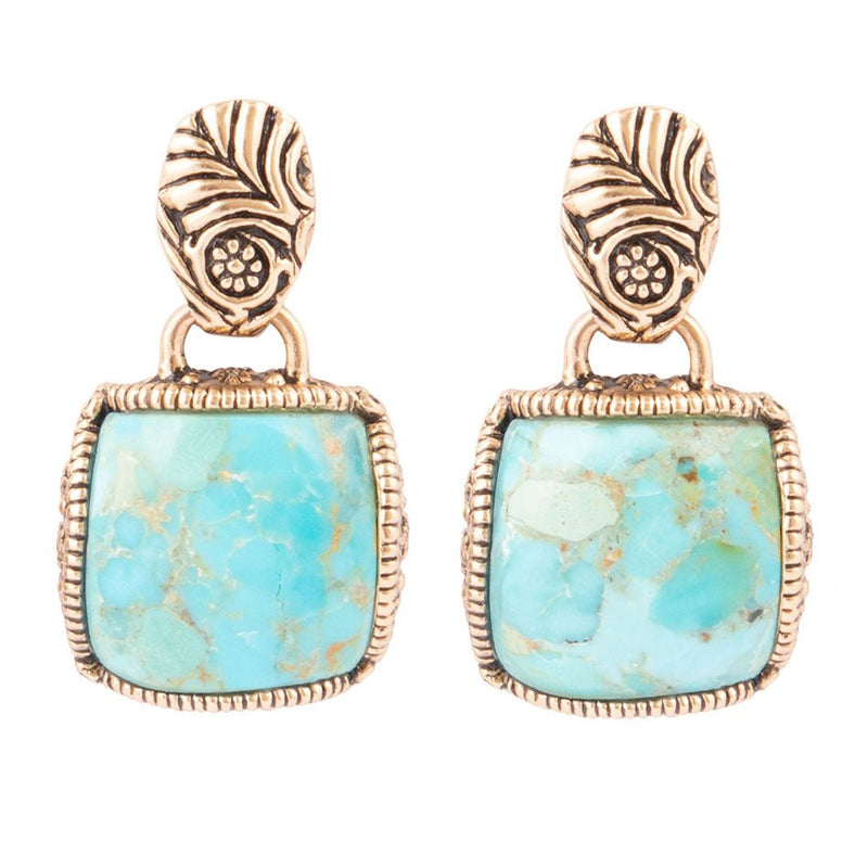 Carved Blue Turquoise Golden Earrings - Barse Jewelry