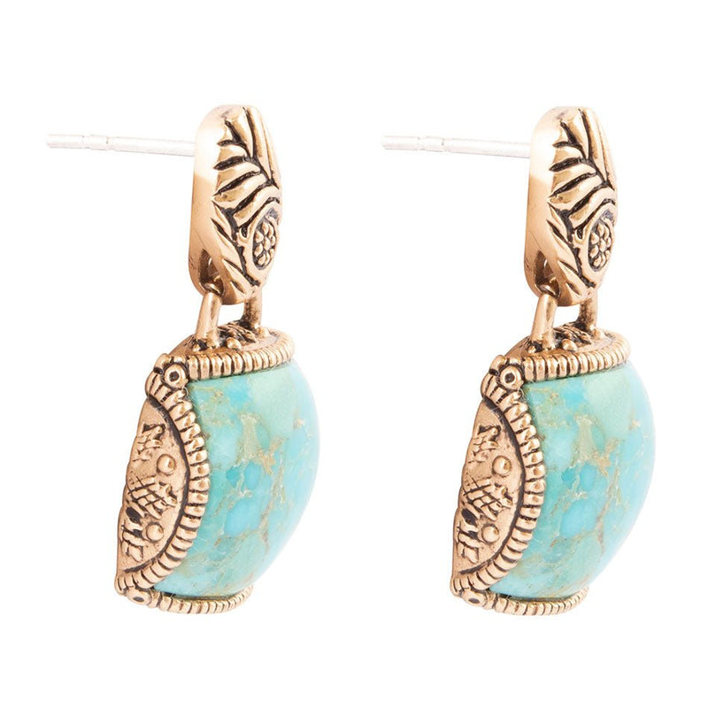 Carved Blue Turquoise Golden Earrings - Barse Jewelry