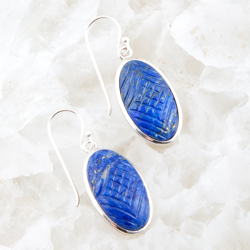 Carved Lapis Sterling Silver Drop Earrings - Barse Jewelry