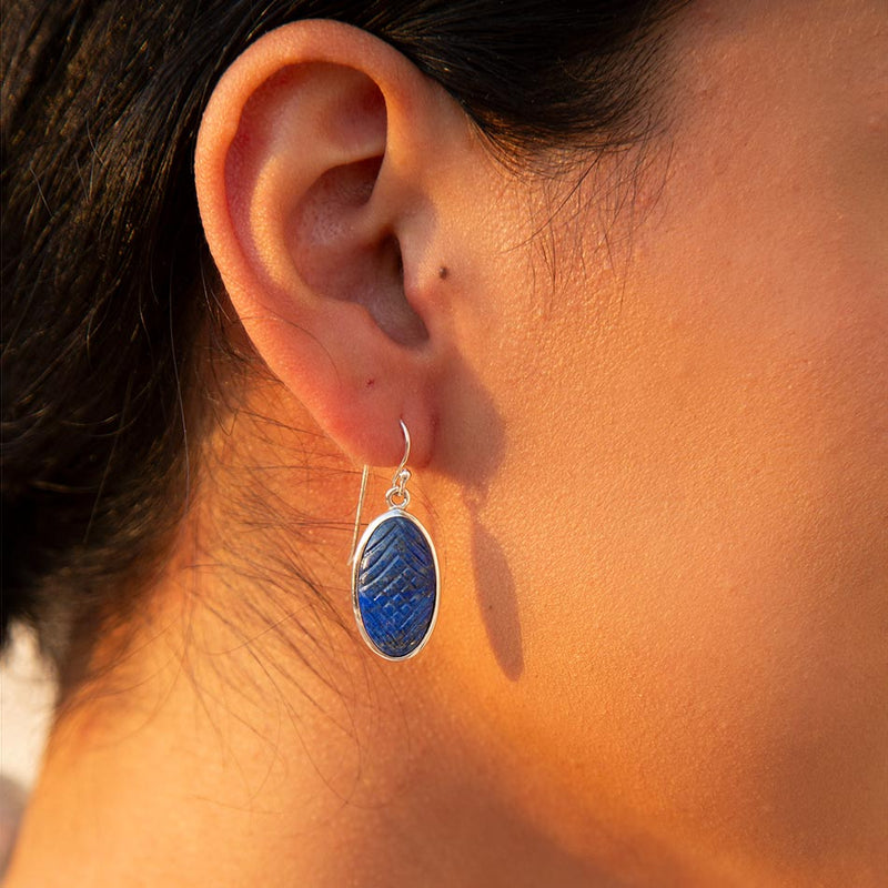 Carved Lapis Sterling Silver Drop Earrings - Barse Jewelry