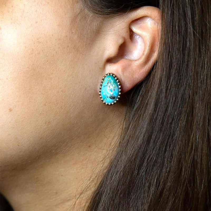 Clip On Blue Turquoise Golden Earrings - Barse Jewelry