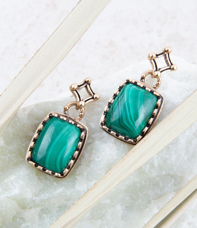 Cognate Green Malachite Post Drop Golden Earrings - Barse Jewelry