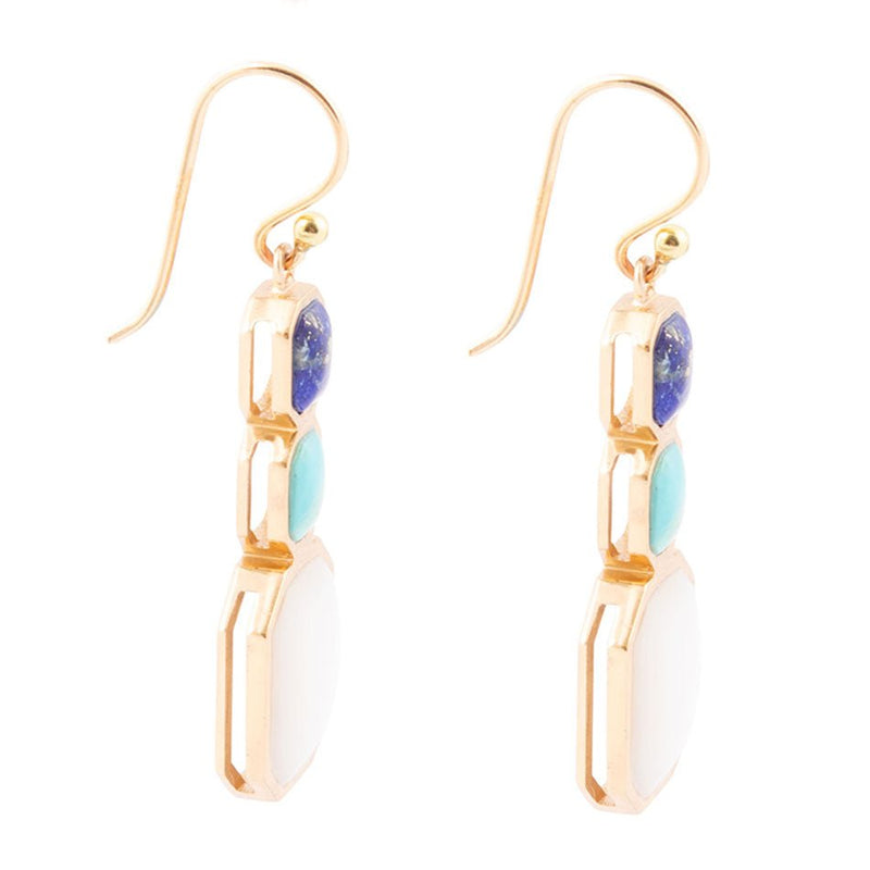 Dual Color Blue Lapis, Turquoise and Mother of Pearl Golden Earrings - Barse Jewelry