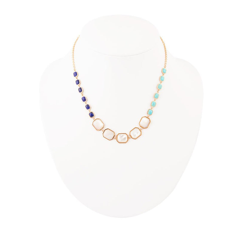 Dual Color Blue Lapis, Turquoise and Mother of Pearl Golden Necklace - Barse Jewelry