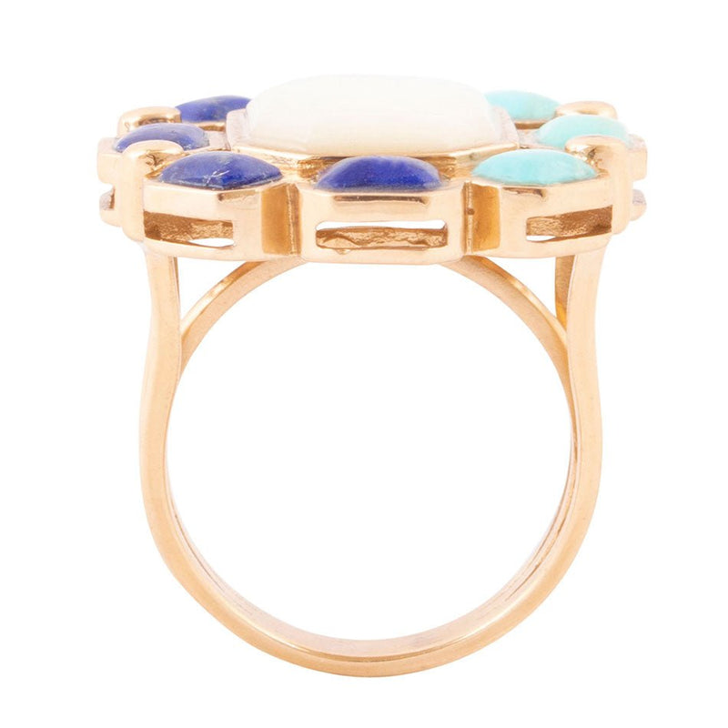 Dual Color Blue Lapis Turquoise and Mother of Pearl Golden Ring - Barse Jewelry