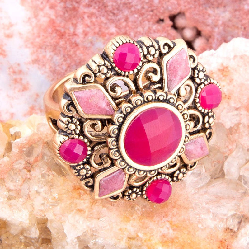 Embellished Pink Quartz Golden Statement Ring - Barse Jewelry