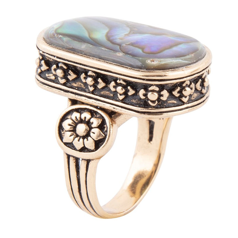 Floral Bloom Blue Abalone Golden Statement Ring - Barse Jewelry