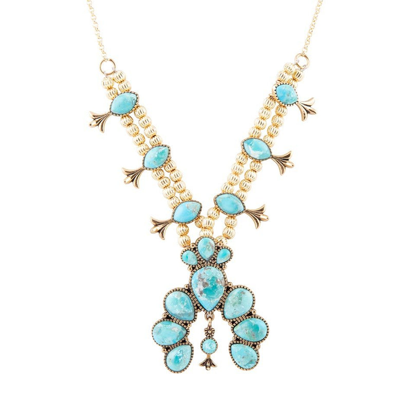 Floral Statement Blue Turquoise Golden Necklace - Barse Jewelry