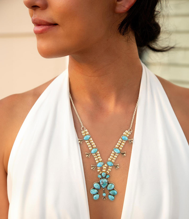 Floral Statement Blue Turquoise Golden Necklace - Barse Jewelry