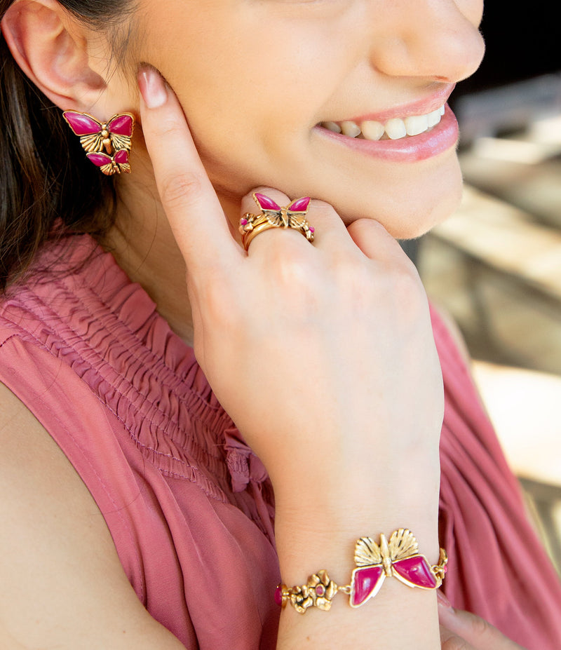 Fuchsia Agate Golden Butterflies Adjustable Bracelet - Barse Jewelry