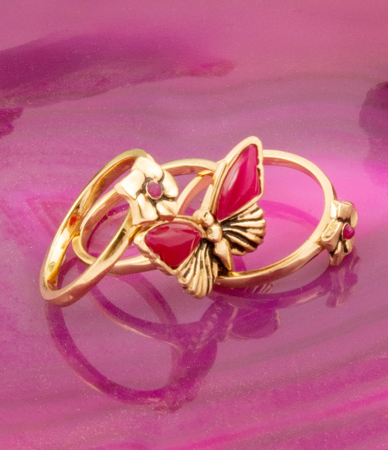 Fuchsia Agate Golden Butterflies Triple Ring Set - Barse Jewelry