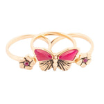 Fuchsia Agate Golden Butterflies Triple Ring Set - Barse Jewelry