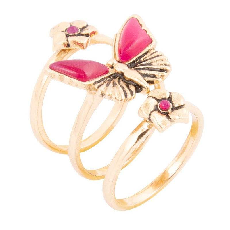 Fuchsia Agate Golden Butterflies Triple Ring Set - Barse Jewelry