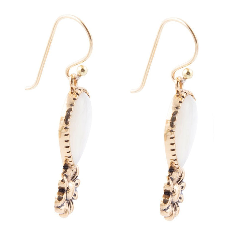 Golden Flower and White Mother of Pearl Drop Earrings - Barse Jewelry