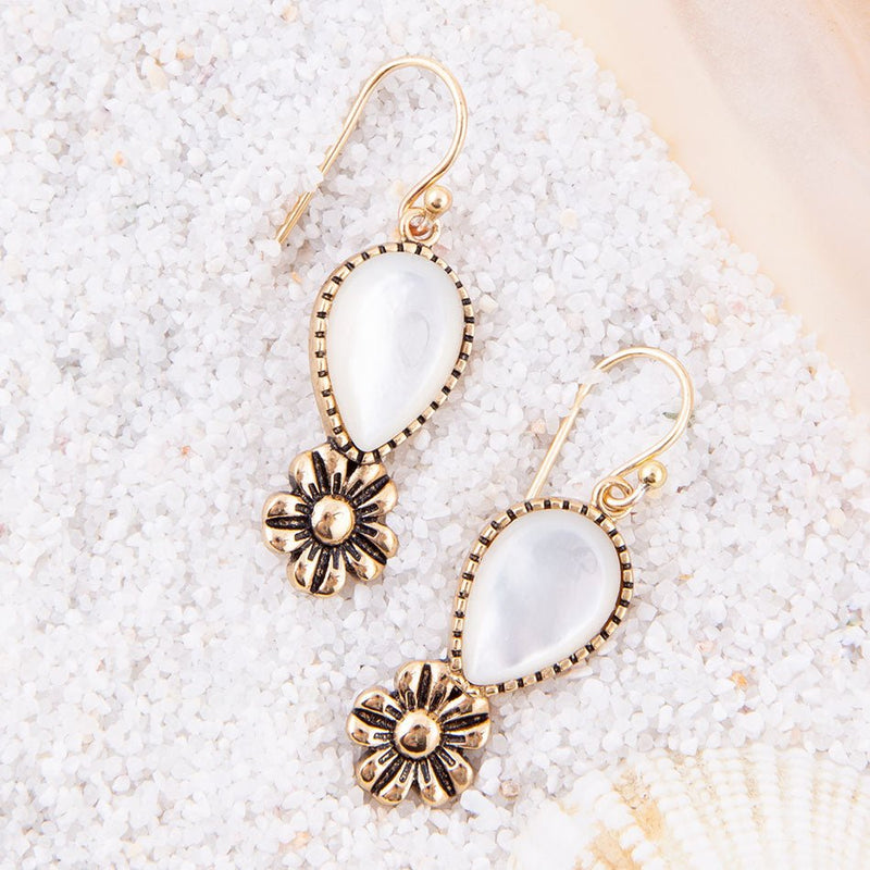 Golden Flower and White Mother of Pearl Drop Earrings - Barse Jewelry