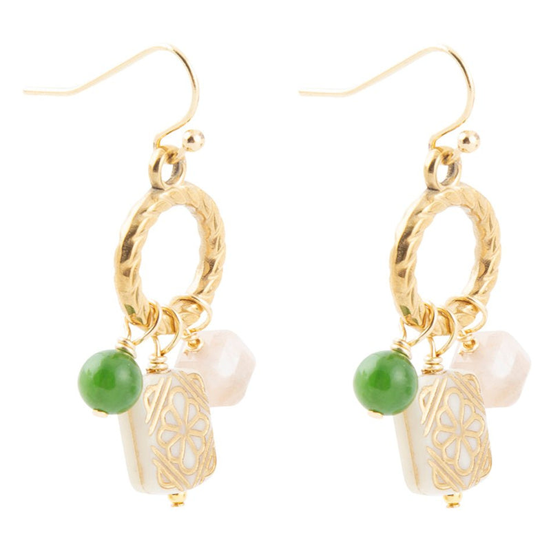 Green Jade and Pink Sunstone Golden Drop Earrings - Barse Jewelry