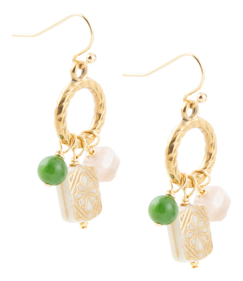 Green Jade and Pink Sunstone Golden Drop Earrings - Barse Jewelry