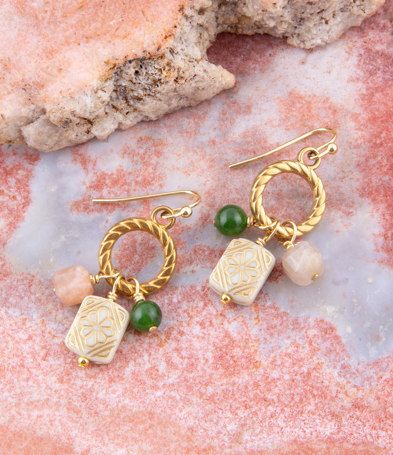 Green Jade and Pink Sunstone Golden Drop Earrings - Barse Jewelry