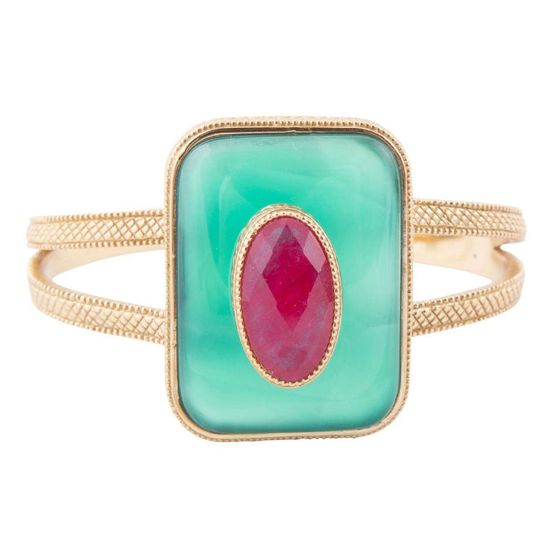 Green Onyx Stacked Red Stone Golden Cuff Bracelet - Barse Jewelry