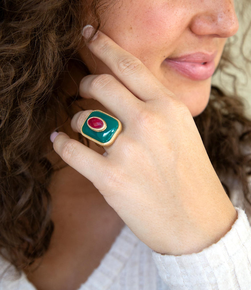 Green Onyx Stacked Red Stone Golden Statement Ring - Barse Jewelry