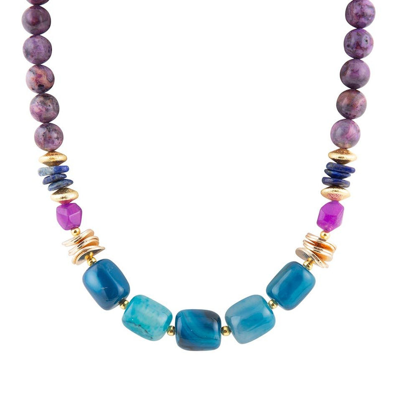 Indigo Blue Agate Golden Necklace - Barse Jewelry