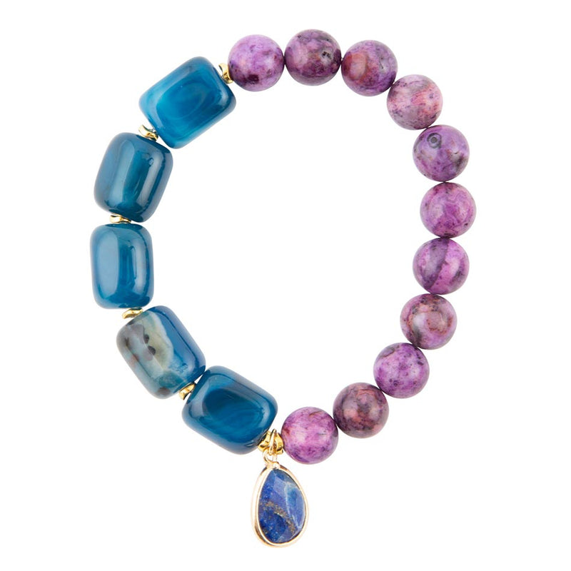 Indigo Blue Agate Purple Charm Golden Bracelet - Barse Jewelry