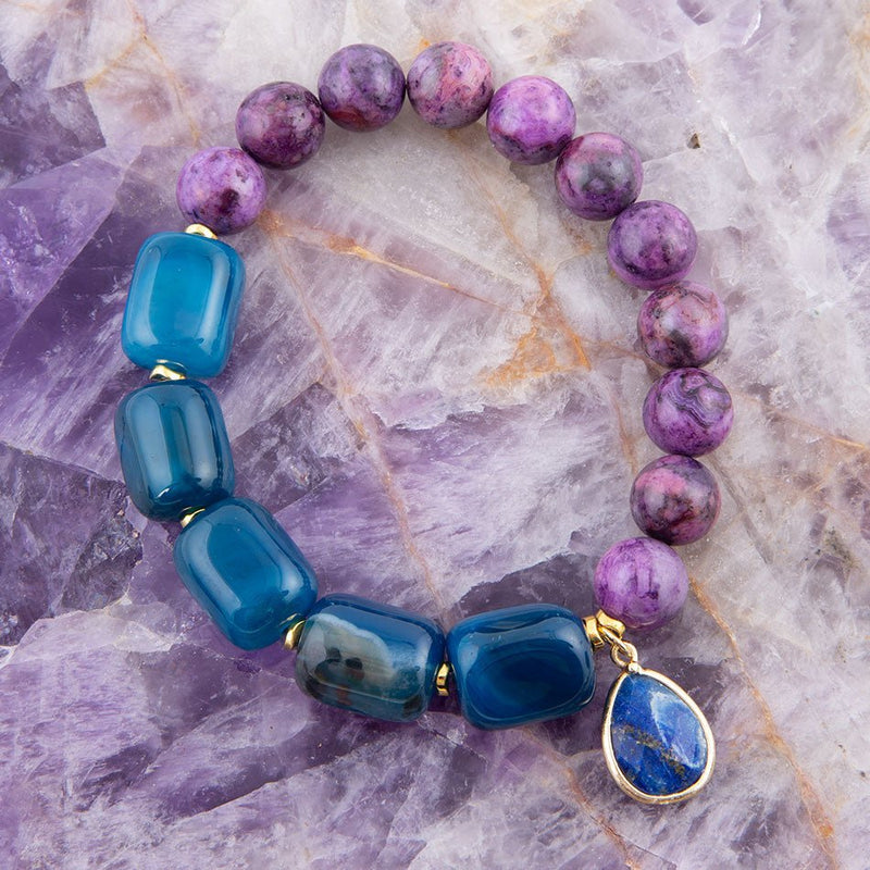 Indigo Blue Agate Purple Charm Golden Bracelet - Barse Jewelry