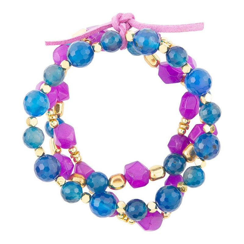 Indigo Blue Purple Agate Stack Golden Bracelet Set - Barse Jewelry