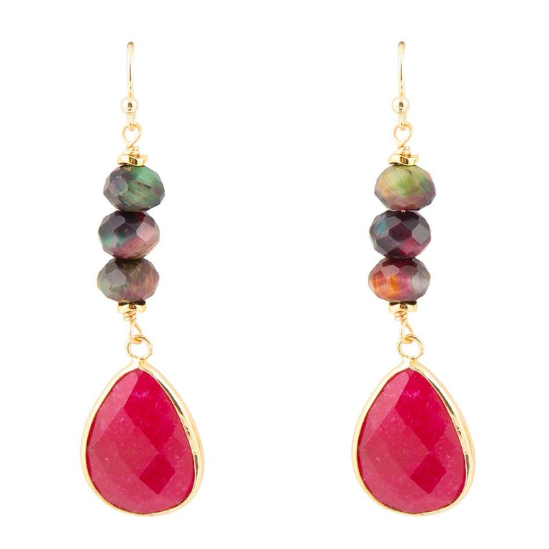 Multicolor Tiger's Eye and Pink Agate Golden Earrings - Barse Jewelry