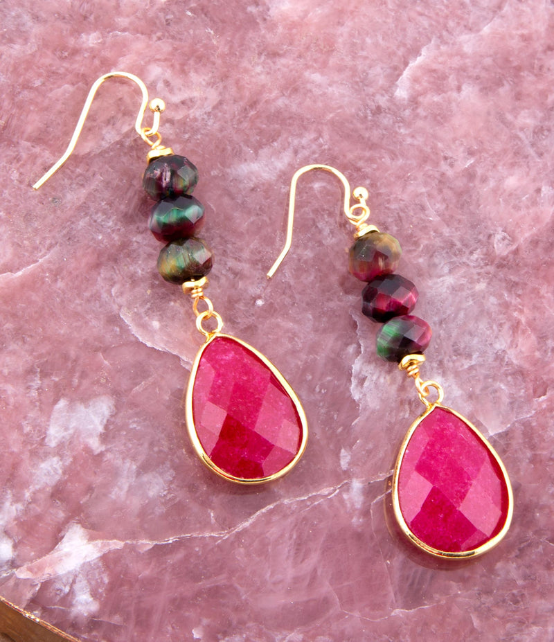 Multicolor Tiger's Eye and Pink Agate Golden Earrings - Barse Jewelry