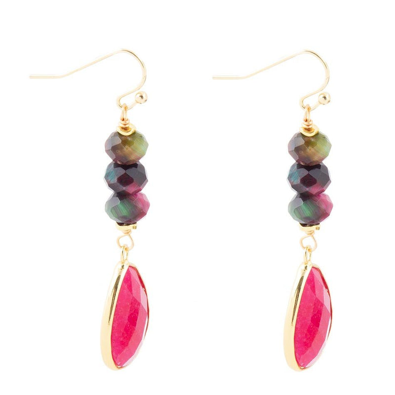 Multicolor Tiger's Eye and Pink Agate Golden Earrings - Barse Jewelry