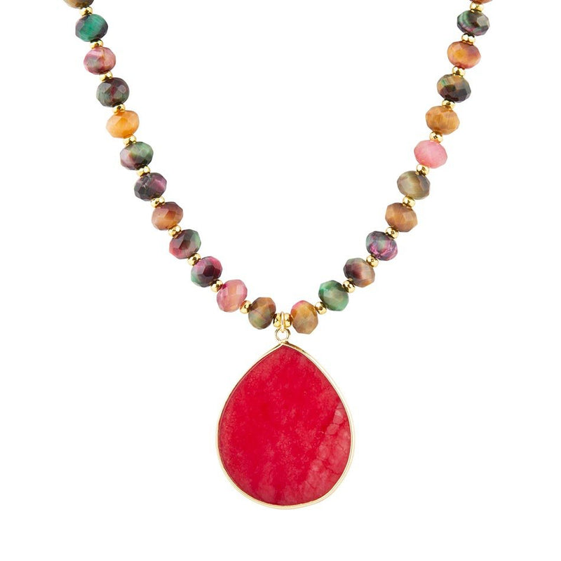 Multicolor Tiger's Eye and Pink Jade Pendant Golden Necklace - Barse Jewelry