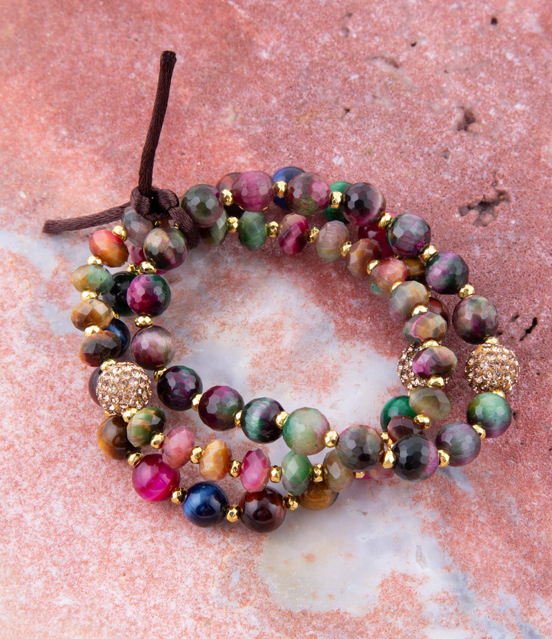 Multicolor Tiger's Eye Strand Golden Bracelet Set - Barse Jewelry