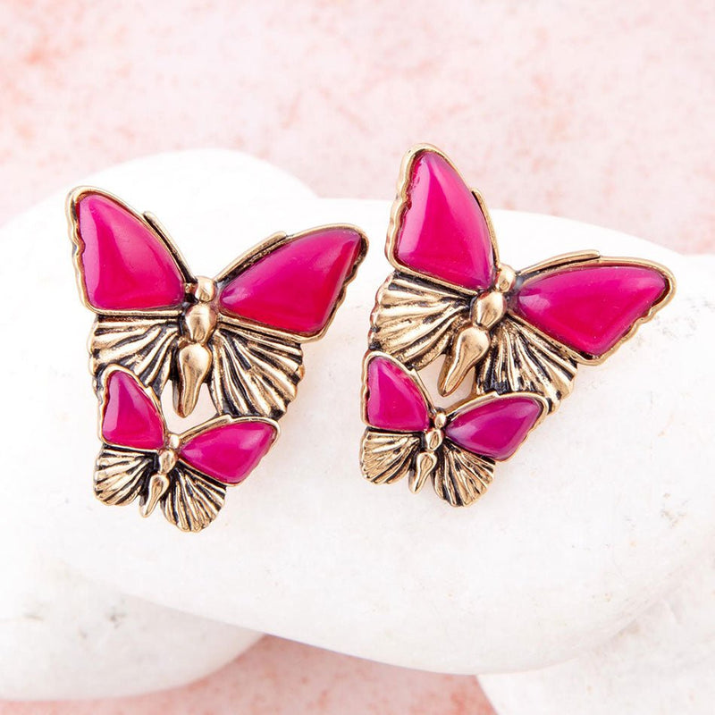 Pink Agate Golden Butterflies Post Earrings - Barse Jewelry