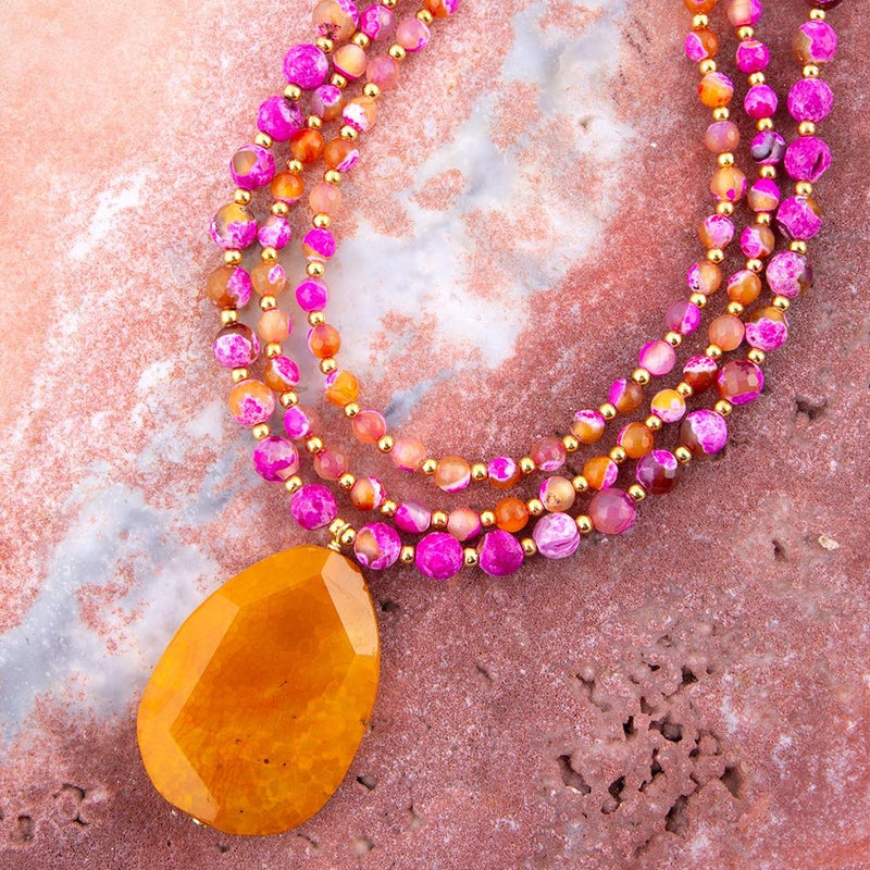 Pink Agate Starburst Orange Agate Pendant Golden Necklace - Barse Jewelry