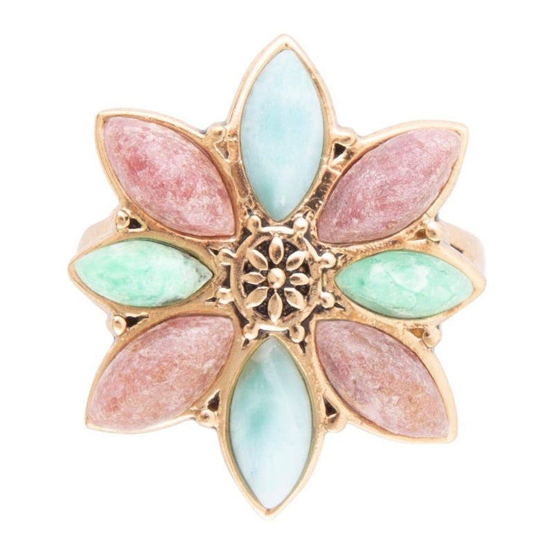 Pink Rhodonite, Amazonite and Varacite Petals Golden Statement Ring - Barse Jewelry