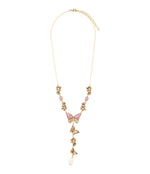 Pink Rhodonite and White Pearl Golden Butterflies Y Necklace - Barse Jewelry