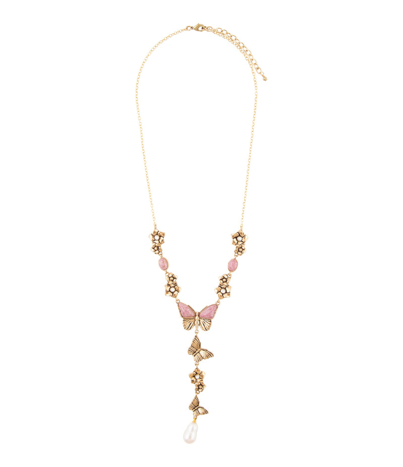 Pink Rhodonite and White Pearl Golden Butterflies Y Necklace - Barse Jewelry