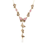 Pink Rhodonite and White Pearl Golden Butterflies Y Necklace - Barse Jewelry