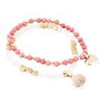 Pink Rhodonite and White Pearl Golden Heart Charm Bracelet Set - Barse Jewelry