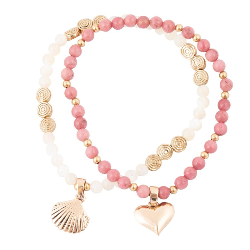 Pink Rhodonite and White Pearl Golden Heart Charm Bracelet Set - Barse Jewelry