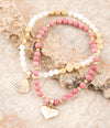 Pink Rhodonite and White Pearl Golden Heart Charm Bracelet Set - Barse Jewelry