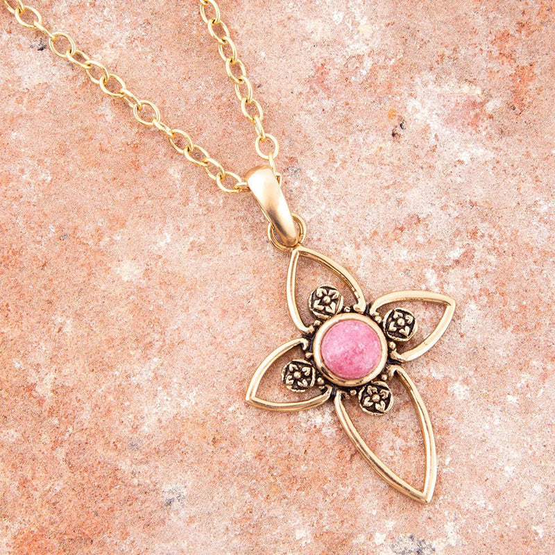 Pink Rhodonite Golden Cross Pendant Necklace - Barse Jewelry