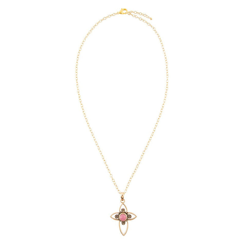 Pink Rhodonite Golden Cross Pendant Necklace - Barse Jewelry