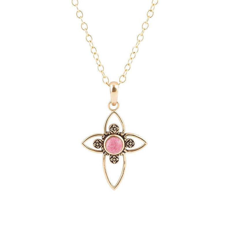 Pink Rhodonite Golden Cross Pendant Necklace - Barse Jewelry