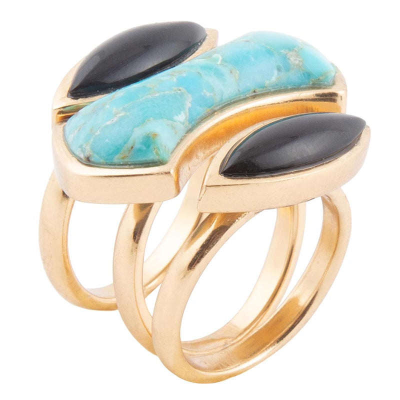 Puzzle Blue Turquoise and Black Onyx Golden Ring Set - Barse Jewelry