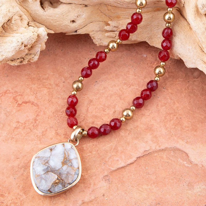 Red Carnelian and Cristal Calcite Pendant Golden Necklace - Barse Jewelry