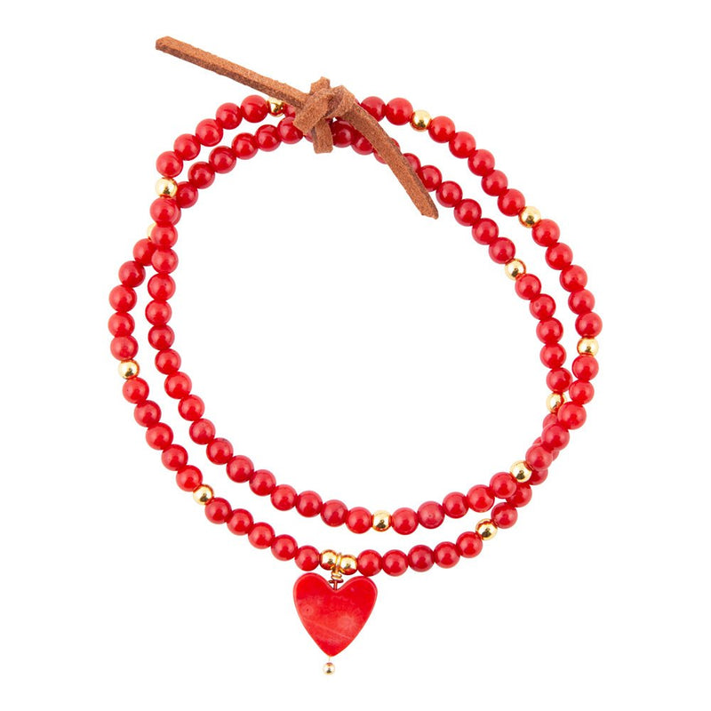 Red Coral Hart Golden Stretch Bracelet - Barse Jewelry