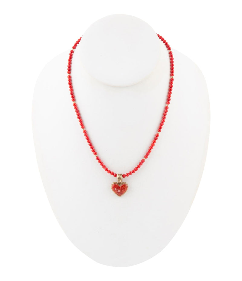 Red Coral Hart Pendant Golden Bronze Necklace - Barse Jewelry